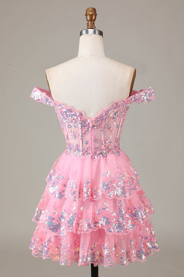 Sparkly Pink A-Line Corset Tiered Lace Short Ball Dress